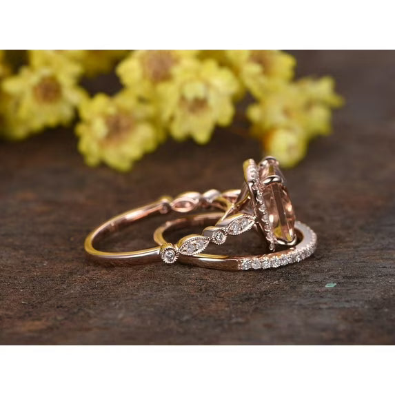 JeenMata Art Deco 1.50 carat Princess Cut created morganite and Moissanite Halo Engagement Bridal Set in Rose Gold