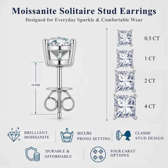 JeenMata 0.5 Carat Princess Solitaire Moissanite Stud Earrings for Women, Earrings for Men, 18K White Gold Plated, Hypoallergenic Earrings, D VS1, Stud Earring for Woman, Jewelry, Gift, Earrings