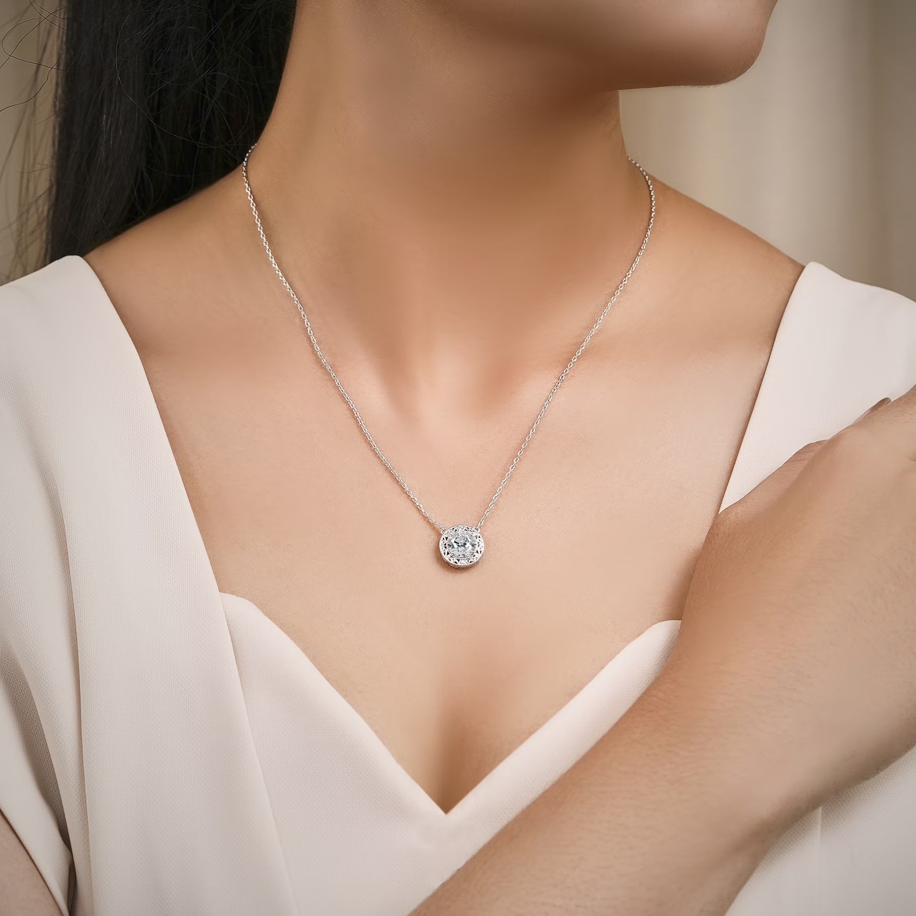 JeenMata 2 Carat Round Moissanite Pendant Necklaces - Vintage Inspired Pendant Necklace in 18K White Gold Plating Jewelry for Women