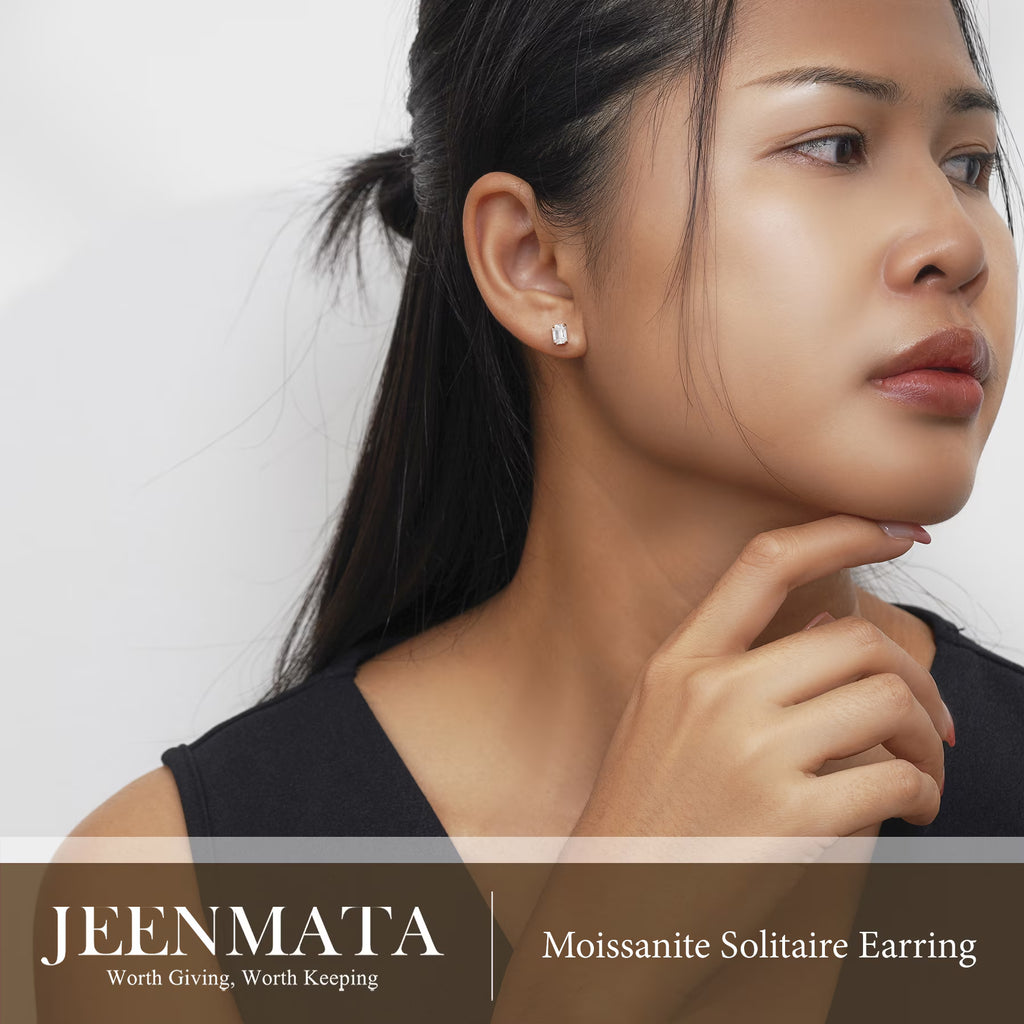 JeenMata 1 Carat Emerald Cut Moissanite - Minimalist Solitaire Stud Earrings in 18k Rose Gold Plating for Women