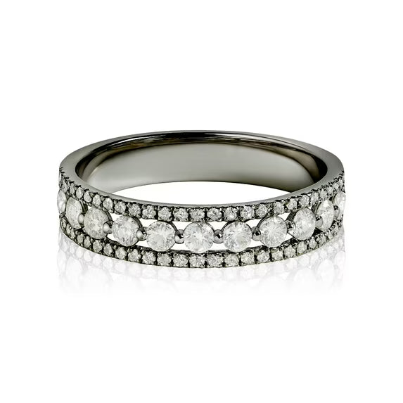 JeenMata Double Pave - 0.75 Carat Round Brilliant Cut Moissanite - Eternity Anniversary Ring - 18K Black Gold Plating for Women
