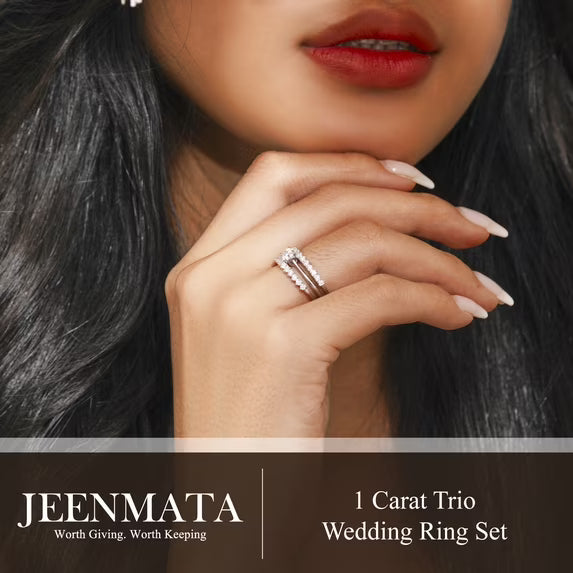 JeenMata 1 Carat Lab Grown Diamond Round Cut Trio Wedding Set - Solitaire Engagement Rings Set with Double Band in 18K White Gold Plating for Women's Ring Jewelry