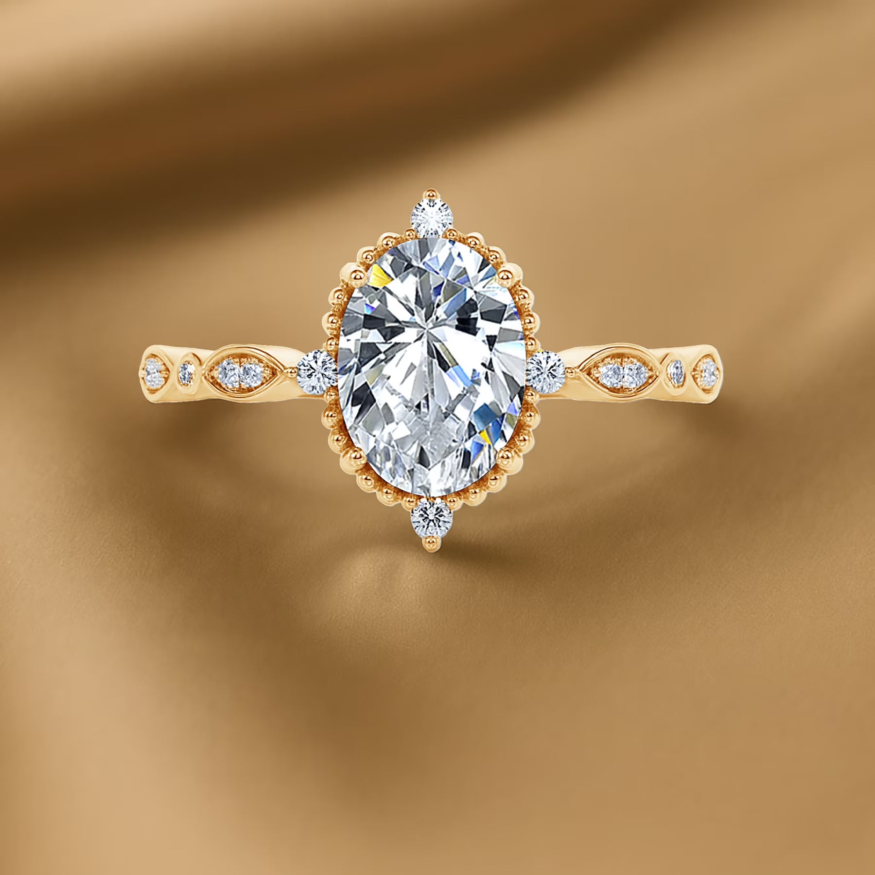 JeenMata 1.5 Carat Moissanite Oval Shape - Vintage Filigree Bezel 5-Stone Milgrain Decorative Engagement Ring In 18K Yellow Gold Plating for Women