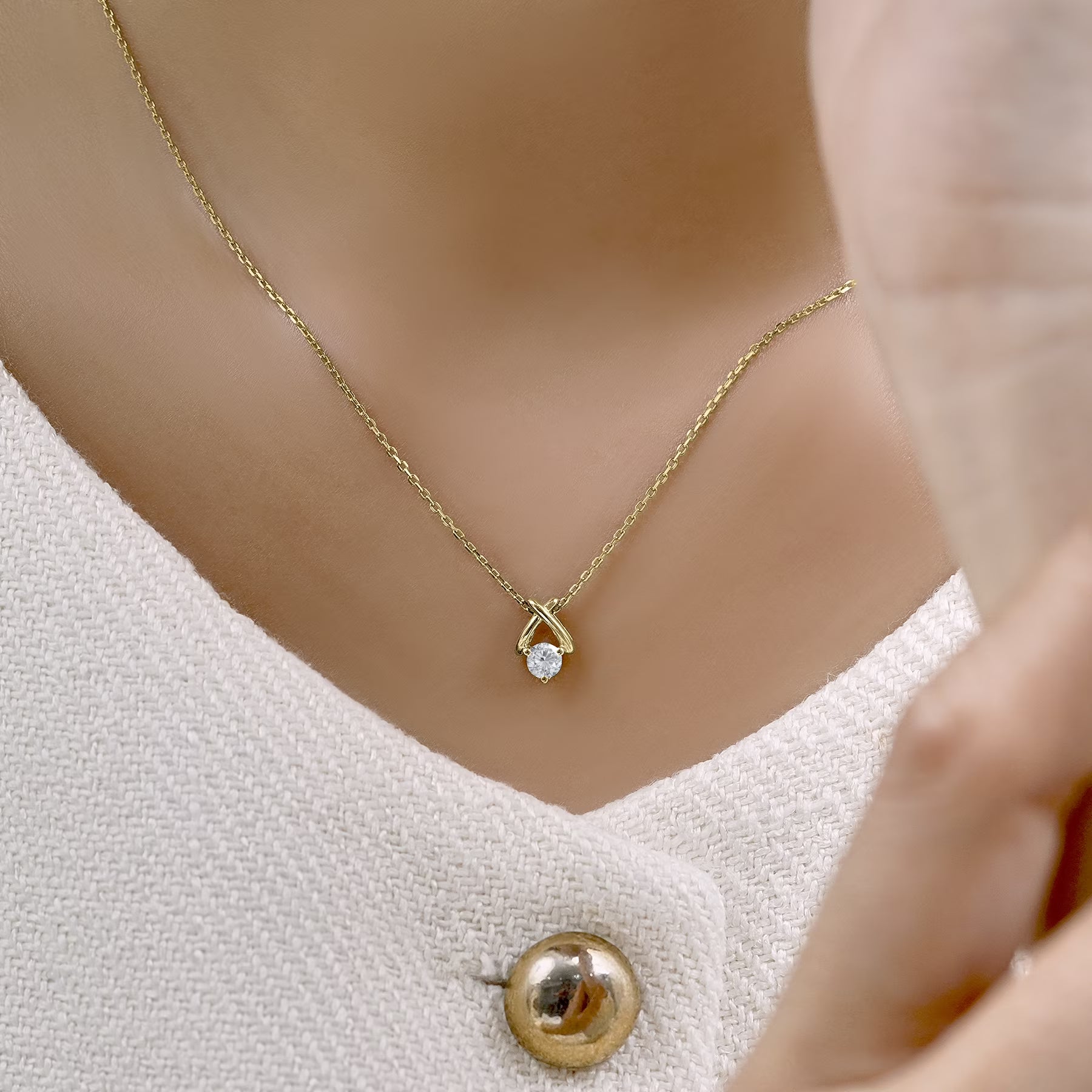 JeenMata X-Shaped Round Cut Lab Grown Diamond Pendant Necklace in 18K Yellow Gold Plating for Women