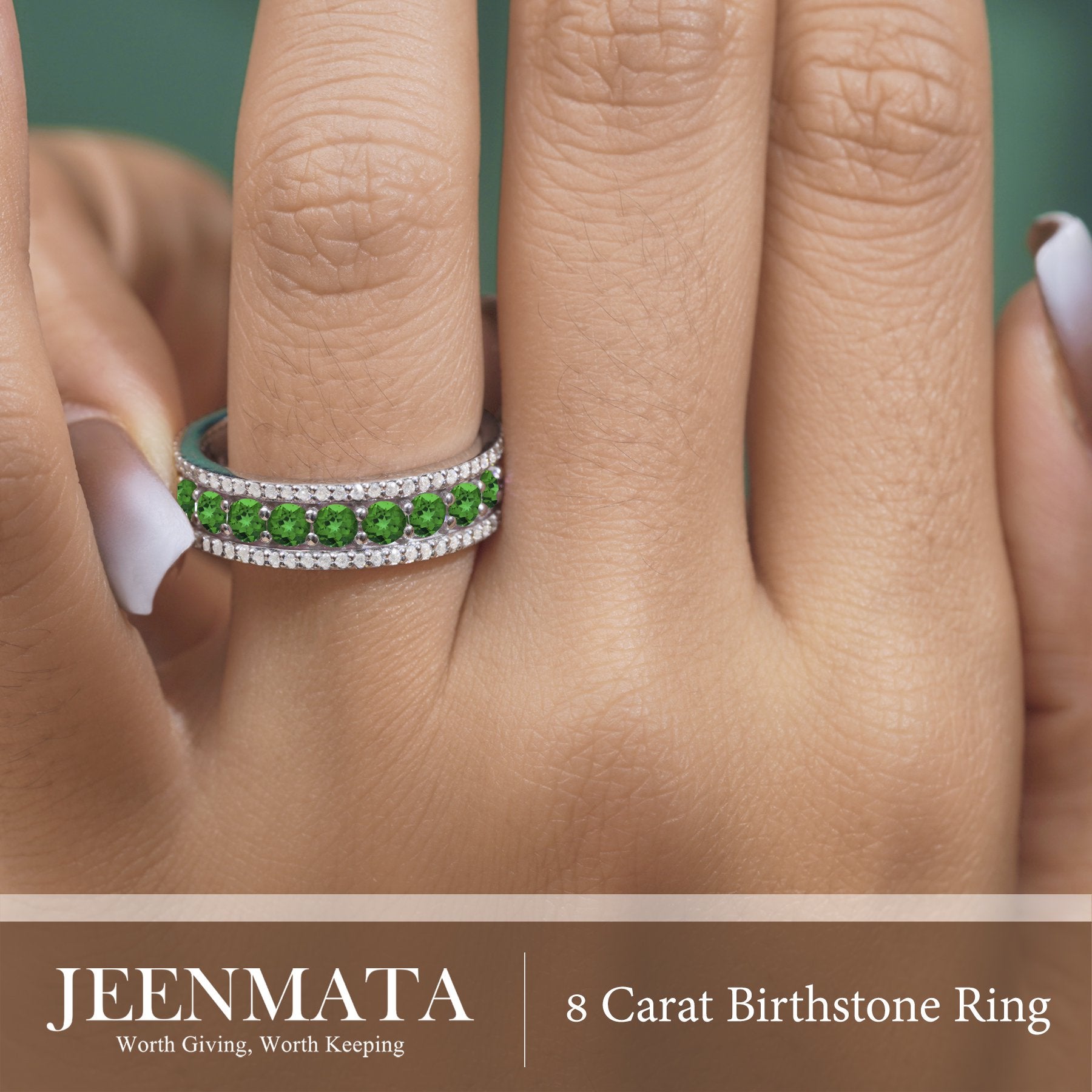 JeenMata 8 Carat Round Cut - May Birthstone Eternity Band Ring - Emerald Cubic Zirconia Halo Anniversary Wedding Band in 18K White Gold Plating for Women