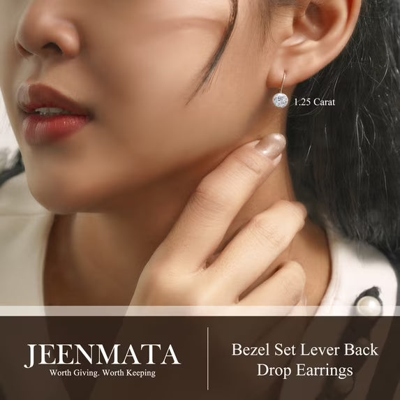 JeenMata 1.25 Carat Lab Grown Diamond Bezel Set Leverback Drop Earring - in 18K White Gold Plating Earrings for Women, Gift for Girlfriend, Mother, Her