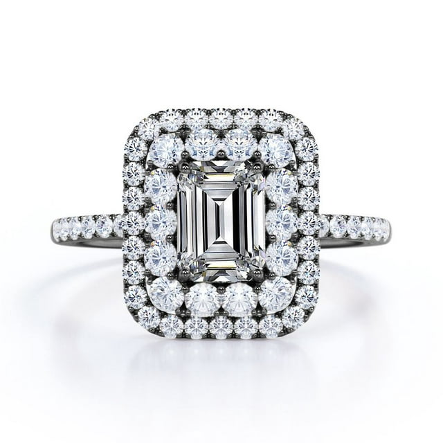 JeenMata 1.5 Carat Emerald Cut Moissanite Engagement Ring - Bridal Ring - Double Halo Ring - Cluster Ring