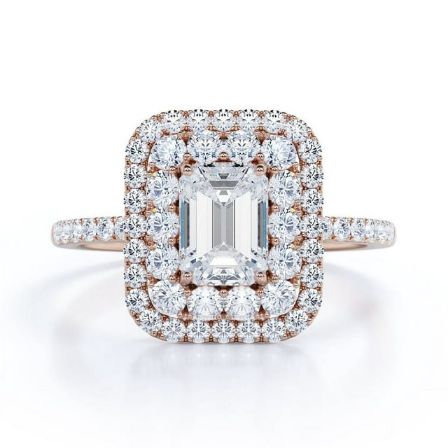 JeenMata 1.5 Carat Emerald Cut Moissanite Engagement Ring - Bridal Ring - Double Halo Ring - Cluster Ring