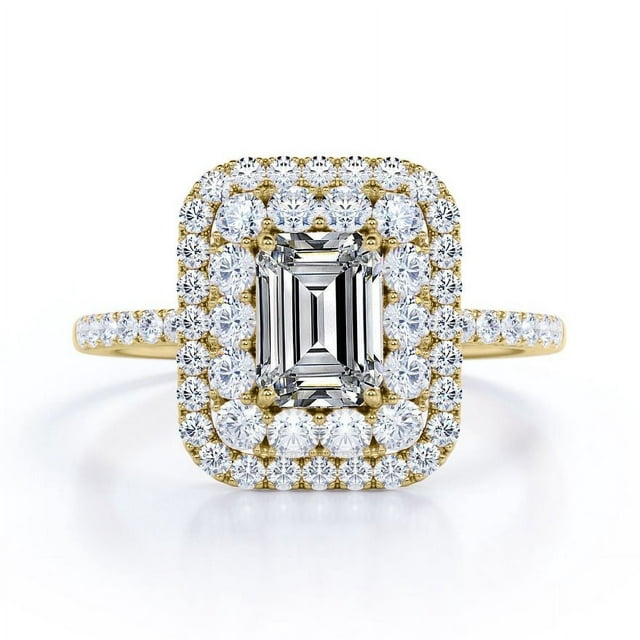 JeenMata 1.5 Carat Emerald Cut Moissanite Engagement Ring - Bridal Ring - Double Halo Ring - Cluster Ring