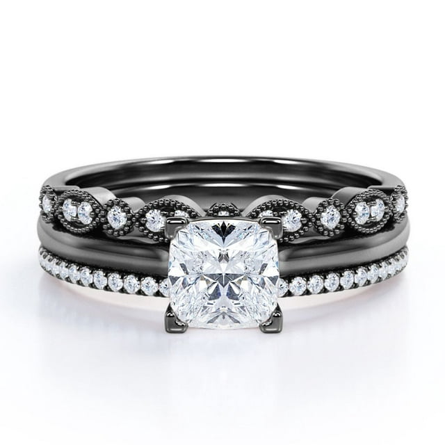 JeenMata 3.25 Carat Princess Wedding Ring Set - Bridal Set - Wedding Trio Set - Engagement Ring - Art Deco Ring - Promise Ring - Sterling Silver