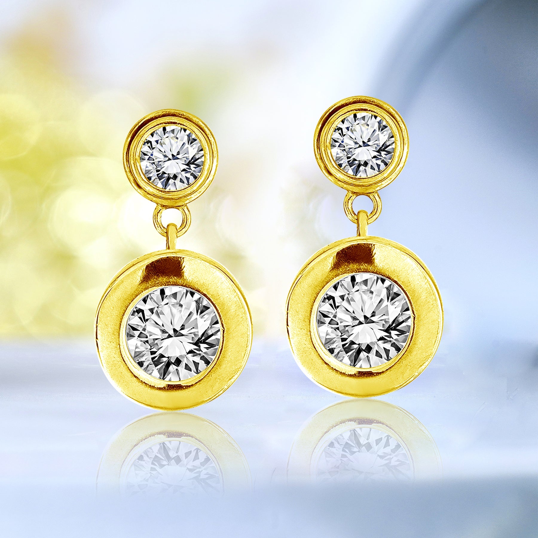 Sparkling 2.5 Carat Double Round Cut Stone - Bezel Set - Women's Dangle Earrings in Silver