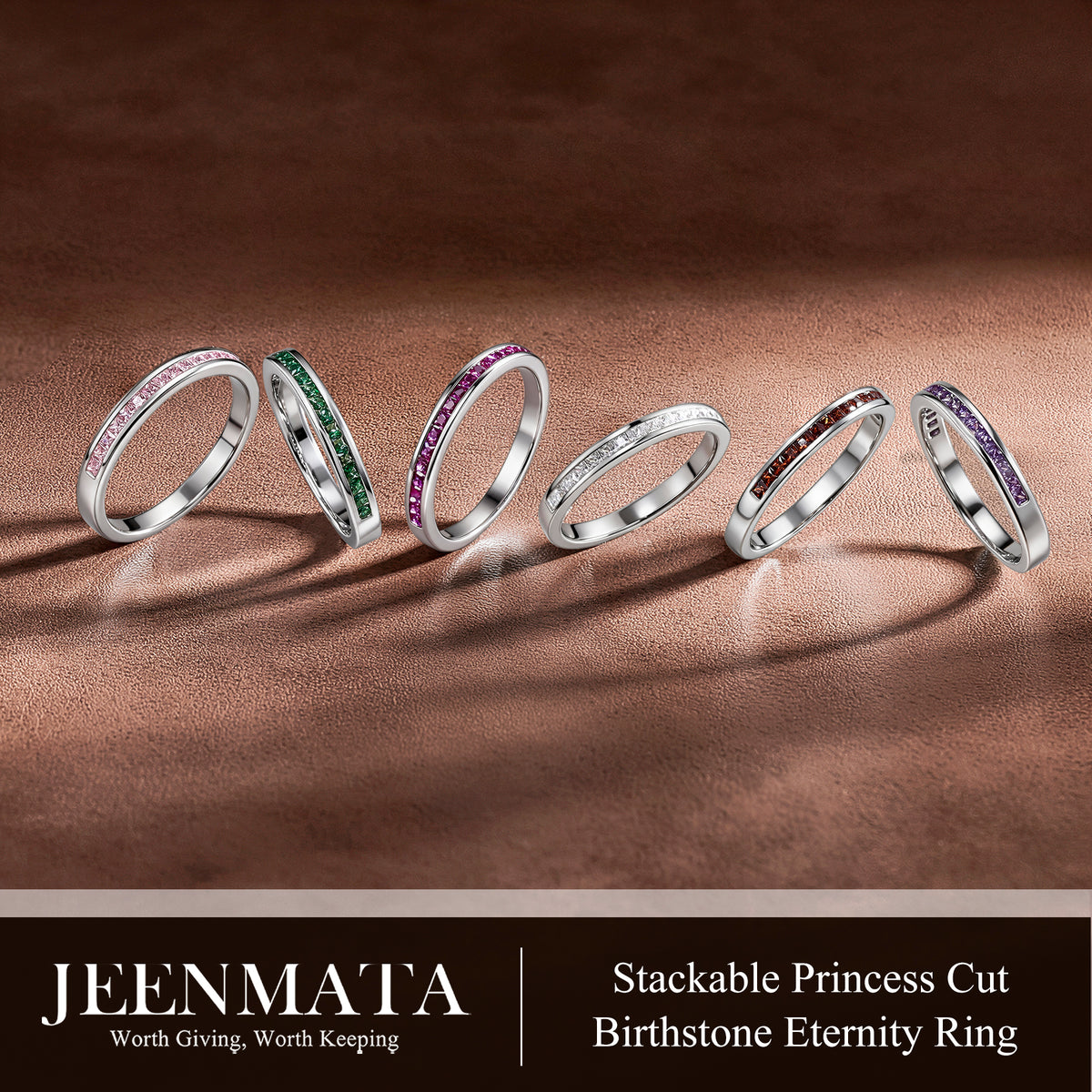 JeenMata 0.25 Carat Princess Cut April Birthstone Wedding Band - Pave Channel Band - 18K White Gold Plating for Women
