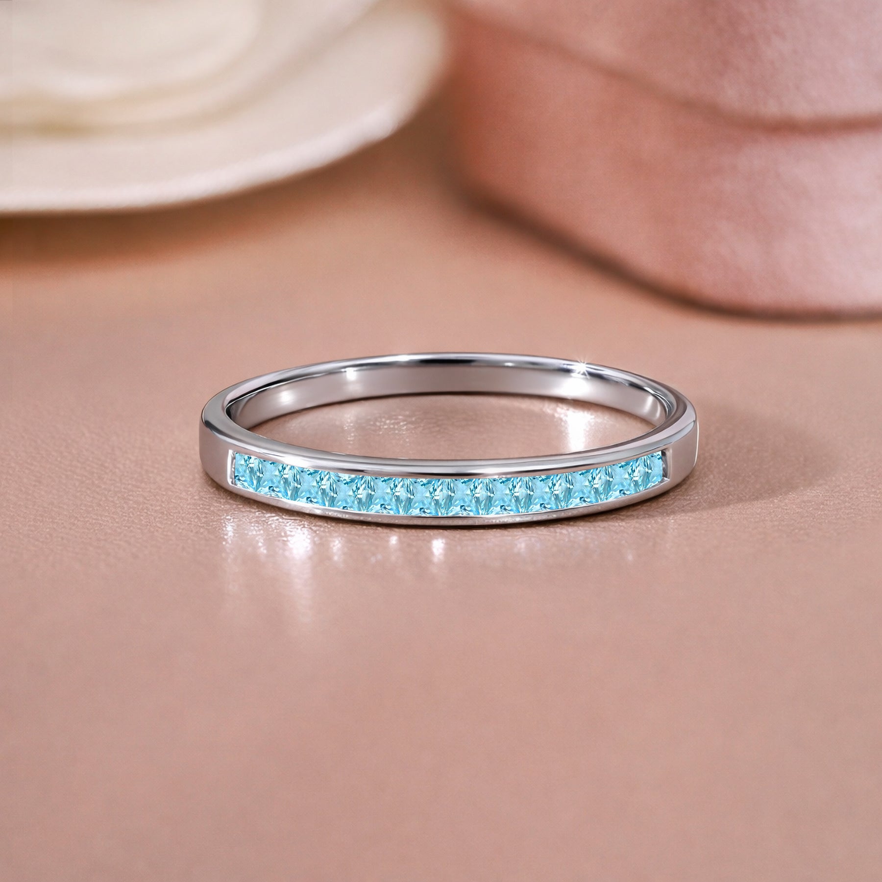 JeenMata 0.25 Carat Princess Cut March Birthstone Wedding Band - Pave Channel Band - 18K White Gold Plating for Women