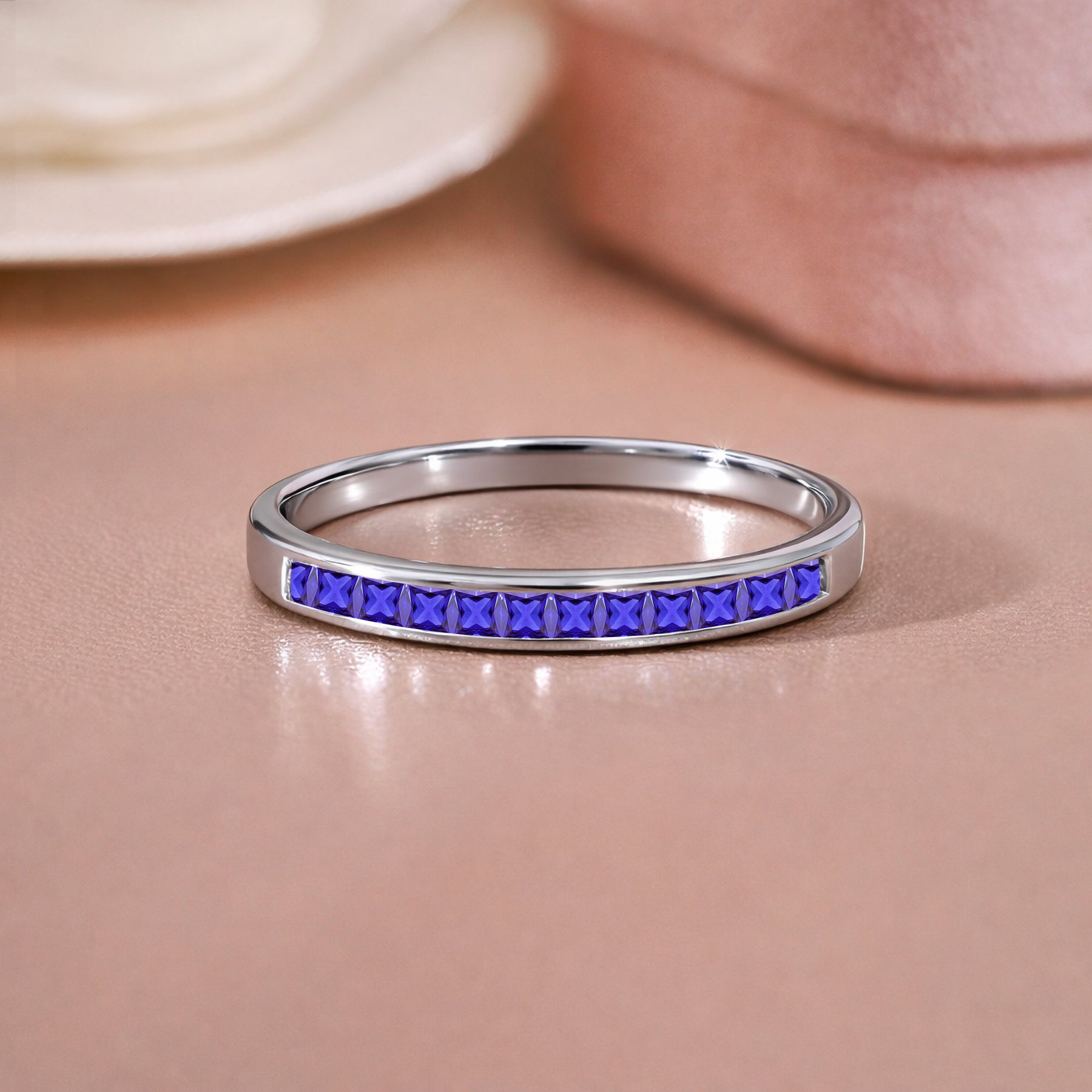 JeenMata 0.25 Carat Princess Cut June Birthstone Wedding Band - Pave Channel Band - 18K White Gold Plating for Women