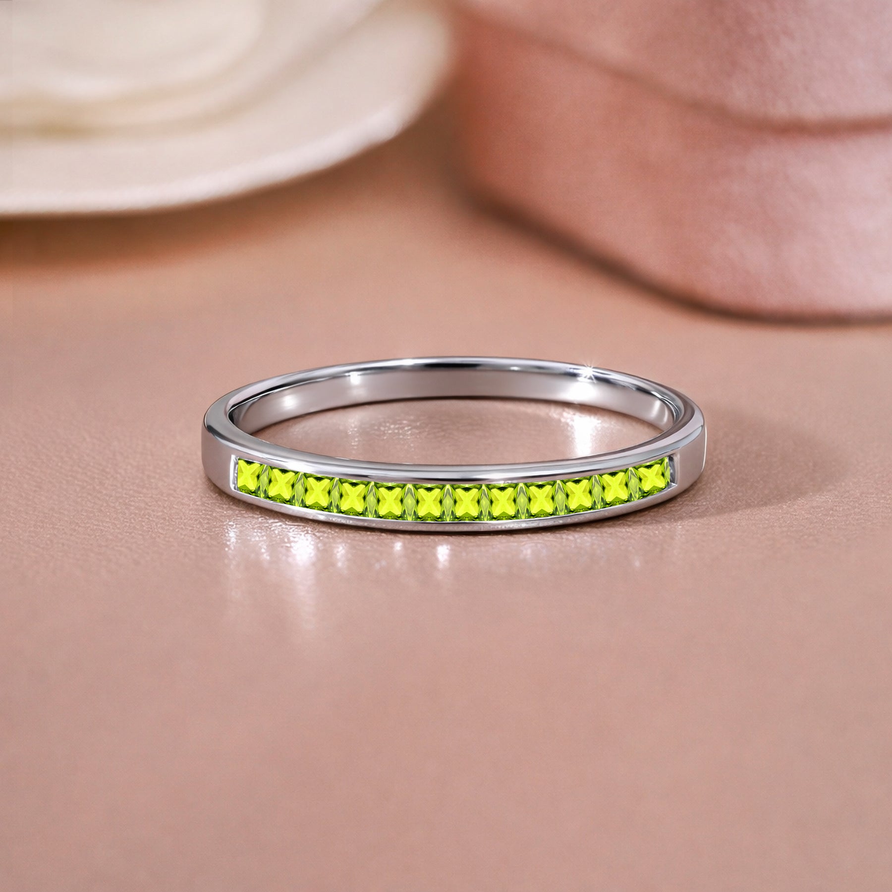 JeenMata 0.25 Carat Princess Cut August Birthstone Wedding Band - Pave Channel Band - 18K White Gold Plating for Women