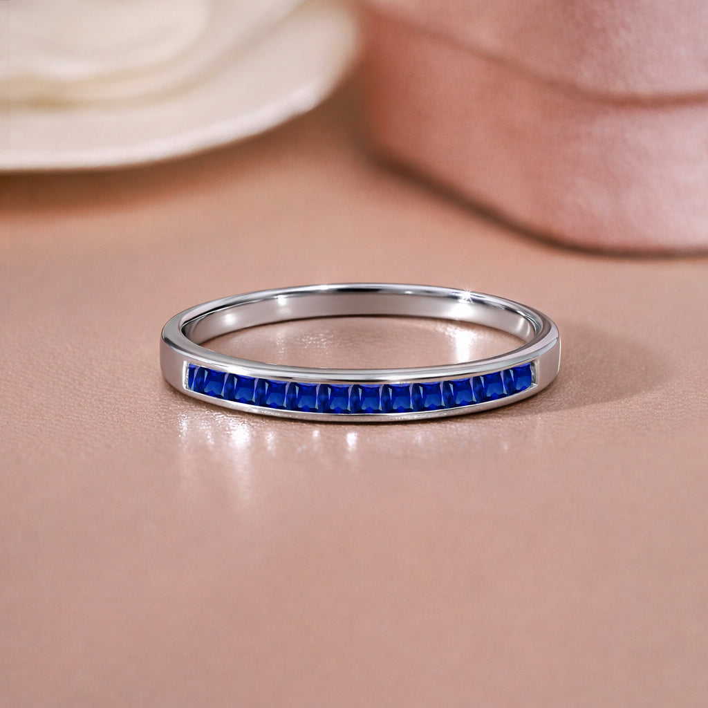 JeenMata 0.25 Carat Princess Cut September Birthstone Wedding Band - Pave Channel Band - 18K White Gold Plating for Women