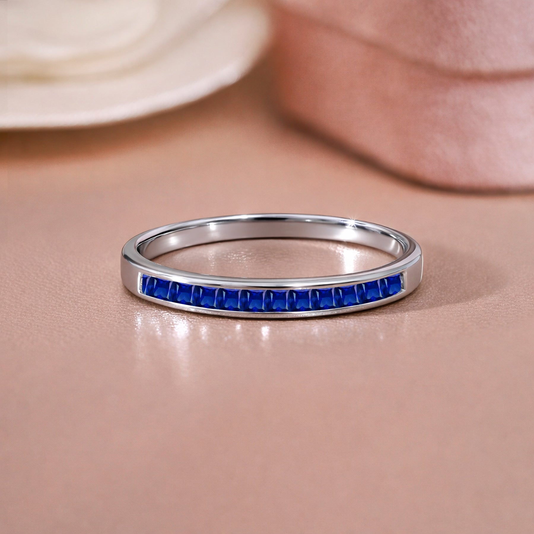 JeenMata 0.25 Carat Princess Cut September Birthstone Wedding Band - Pave Channel Band - 18K White Gold Plating for Women