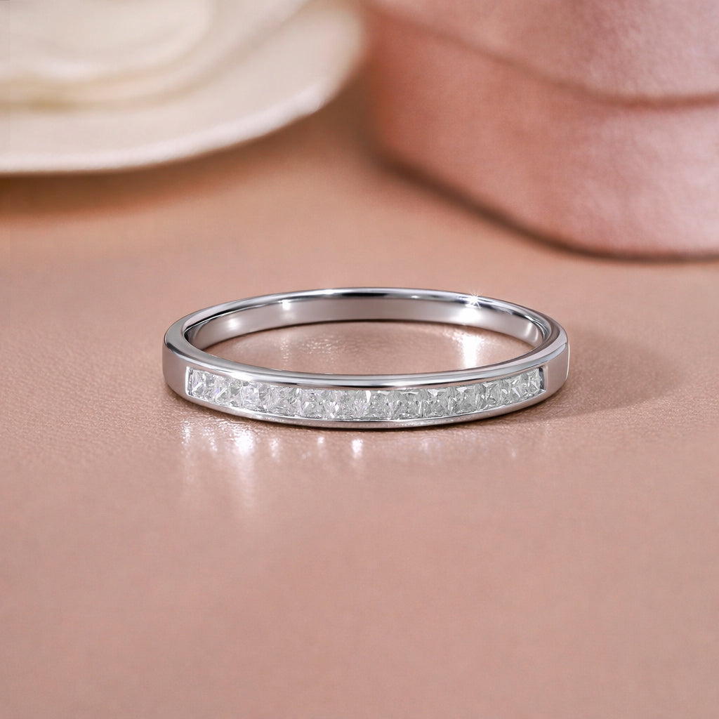 JeenMata 0.25 Carat Princess Cut April Birthstone Wedding Band - Pave Channel Band - 18K White Gold Plating for Women