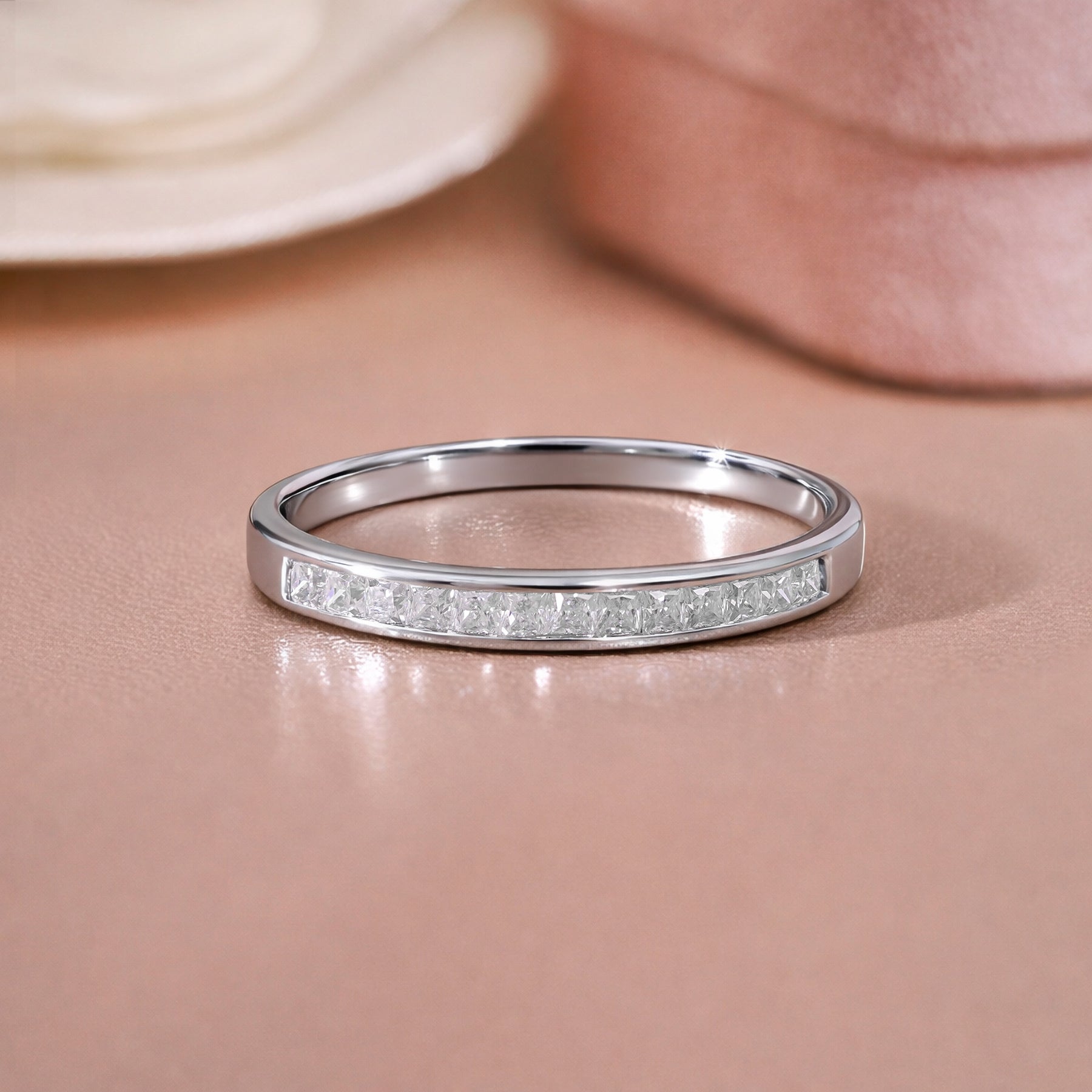 JeenMata 0.25 Carat Princess Cut April Birthstone Wedding Band - Pave Channel Band - 18K White Gold Plating for Women