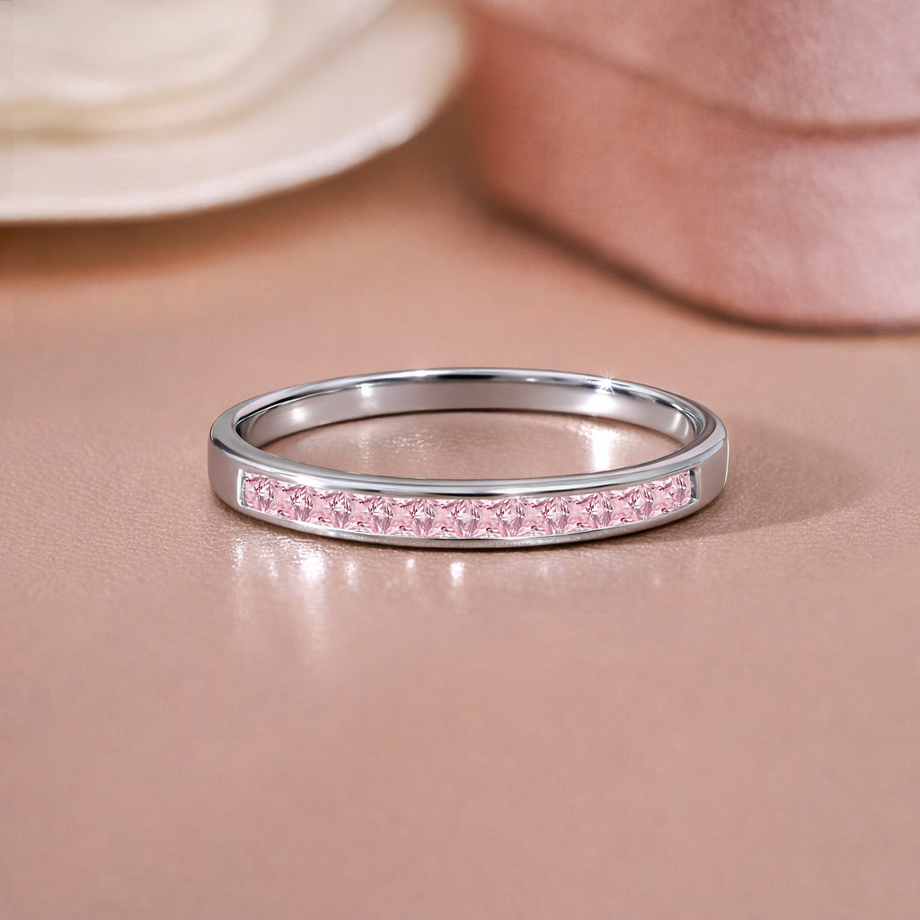 JeenMata 0.25 Carat Princess Cut October Birthstone Wedding Band - Pave Channel Band - 18K White Gold Plating for Women