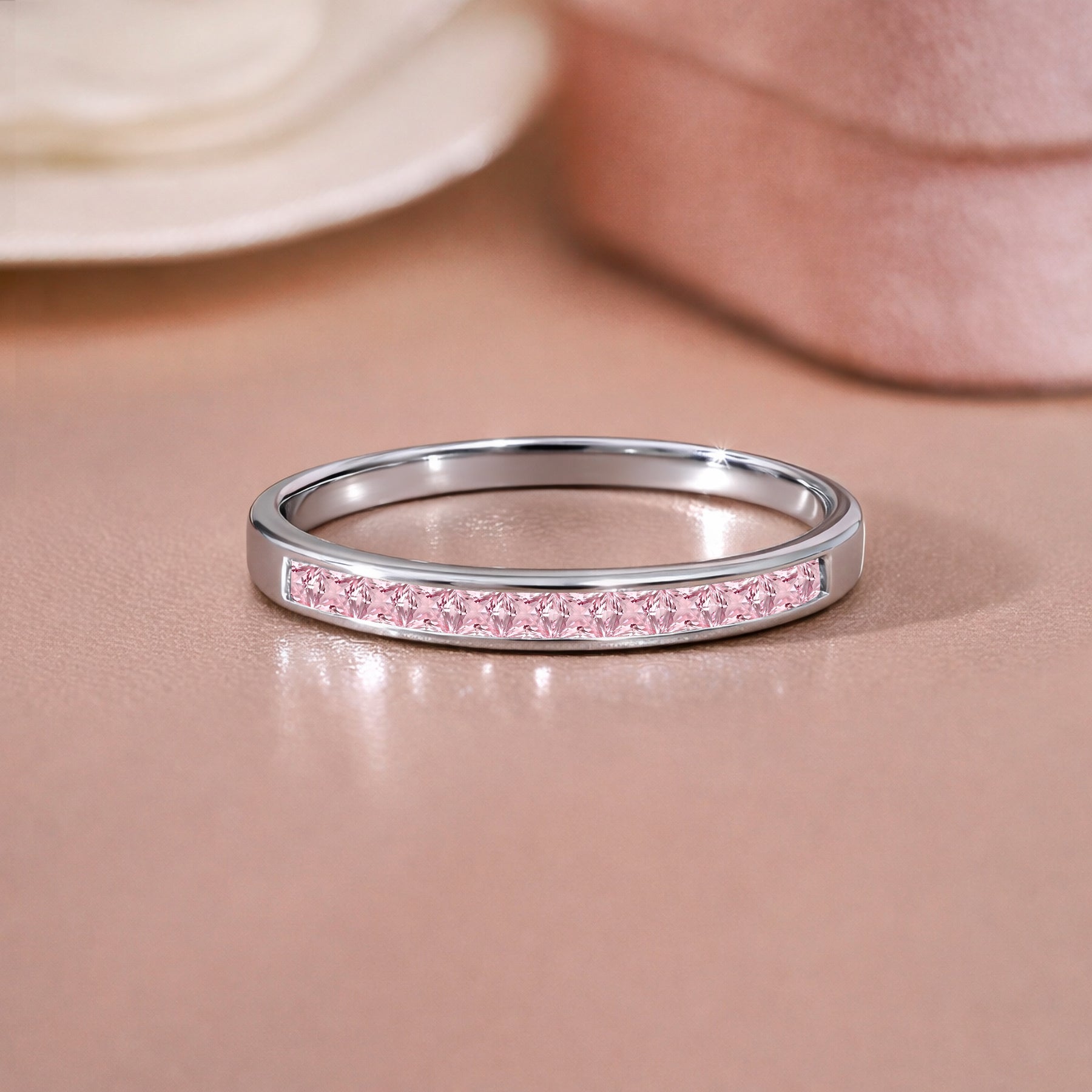 JeenMata 0.25 Carat Princess Cut October Birthstone Wedding Band - Pave Channel Band - 18K White Gold Plating for Women