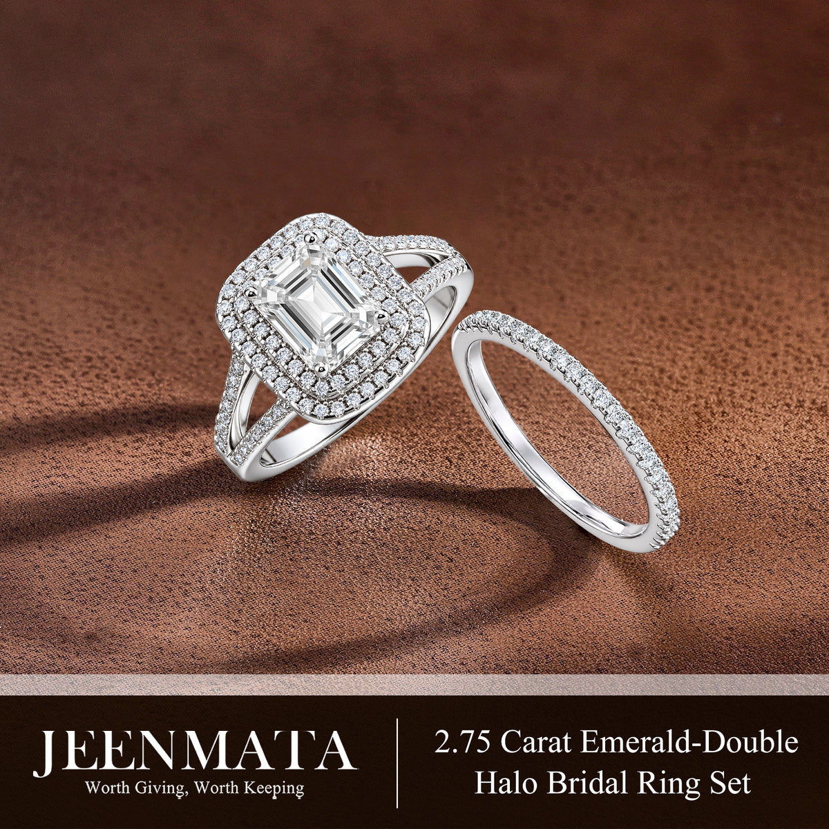 JeenMata 2.75 Carat Emerald Cut Moissanite Double Halo Split Shank Engagement Ring Set in 18K White Gold Plated for Women