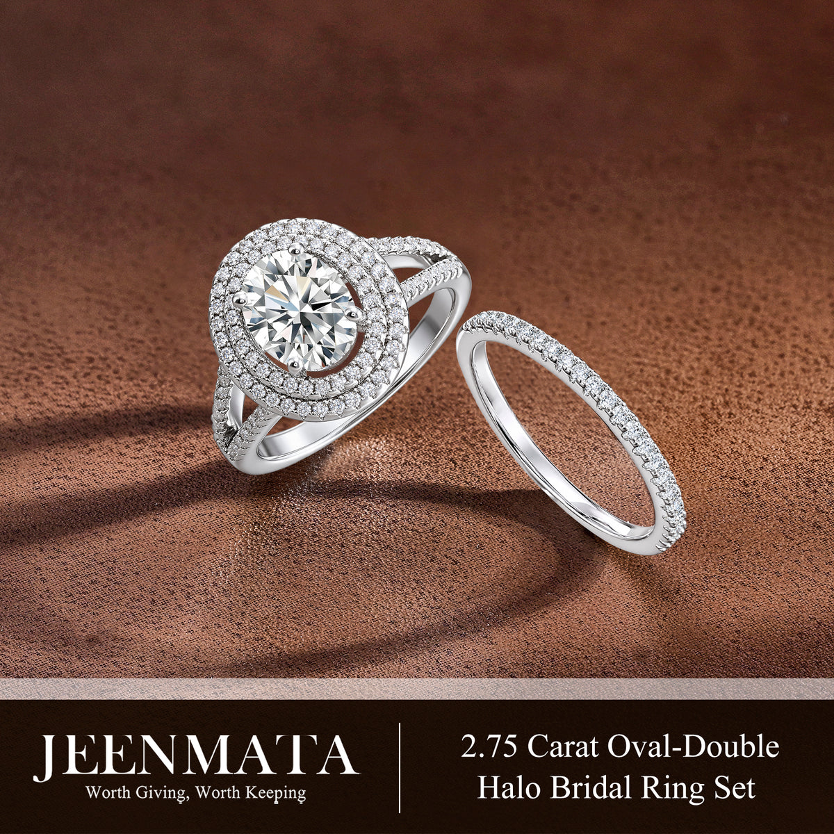 JeenMata 2.75 Carat Oval Cut Moissanite Double Halo Split Shank Engagement Ring Set in 18K White Gold Plated for Women