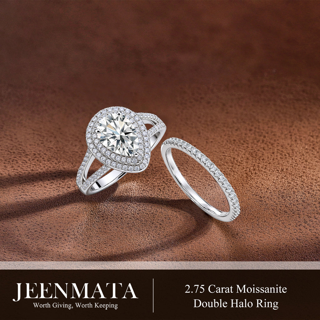 JeenMata 2.75 Carat Pear Cut Moissanite Double Halo Split Shank Engagement Ring Set in 18K White Gold Plated for Women
