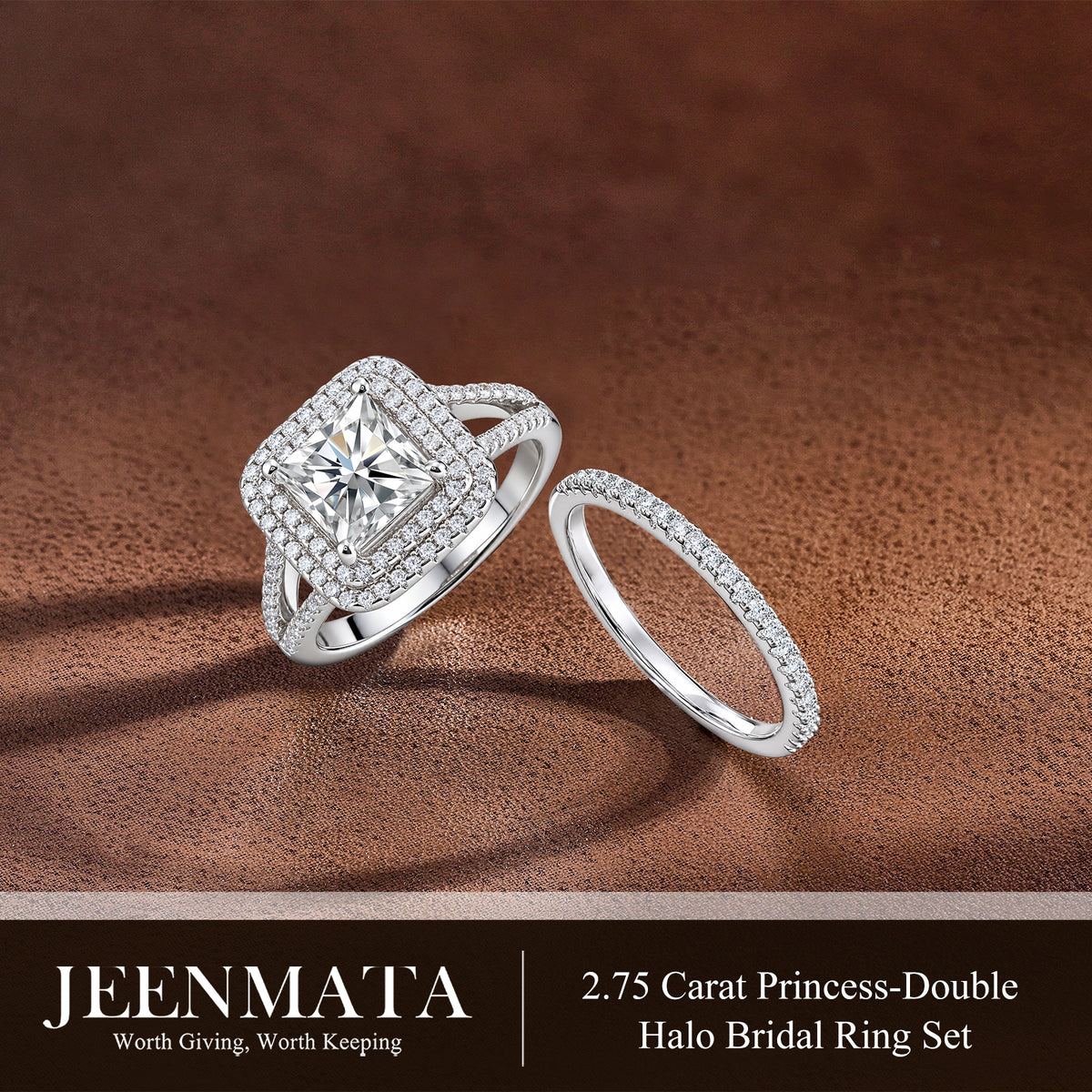 JeenMata 2.75 Carat Princess Cut Moissanite Double Halo Split Shank Engagement Ring Set in 18K White Gold Plated for Women