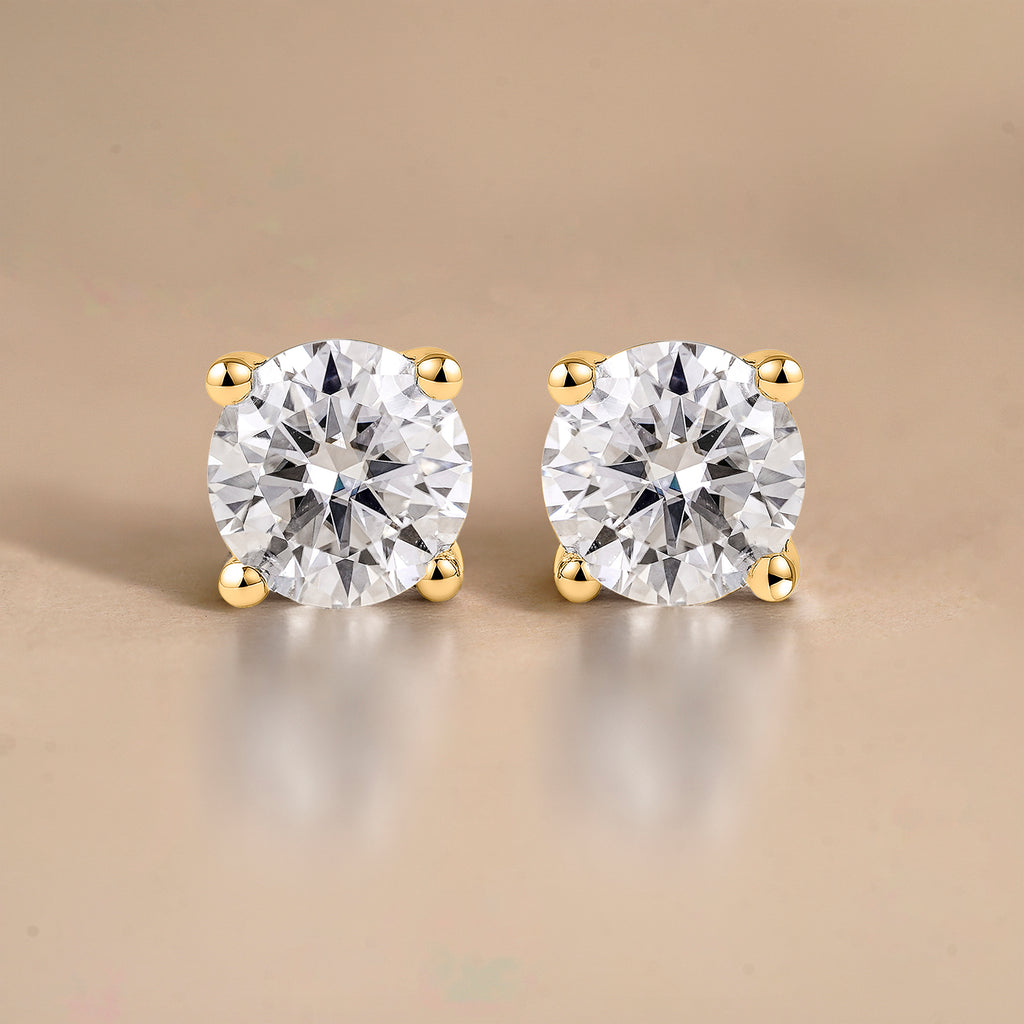 JeenMata Lab Grown Diamond Earrings 1 Carat Round Cut 18K Yellow Gold Plated Solitaire Studs for Women