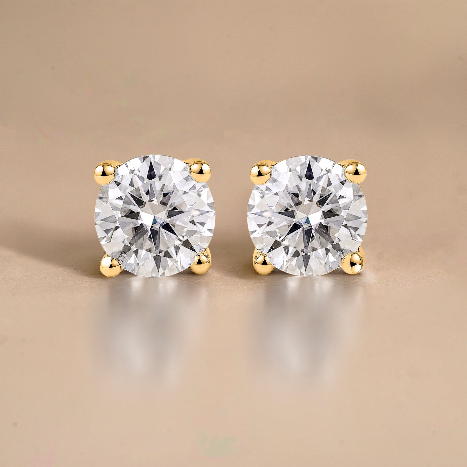 JeenMata Lab Grown Diamond Earrings 1 Carat Round Cut 18K Yellow Gold Plated Solitaire Studs for Women