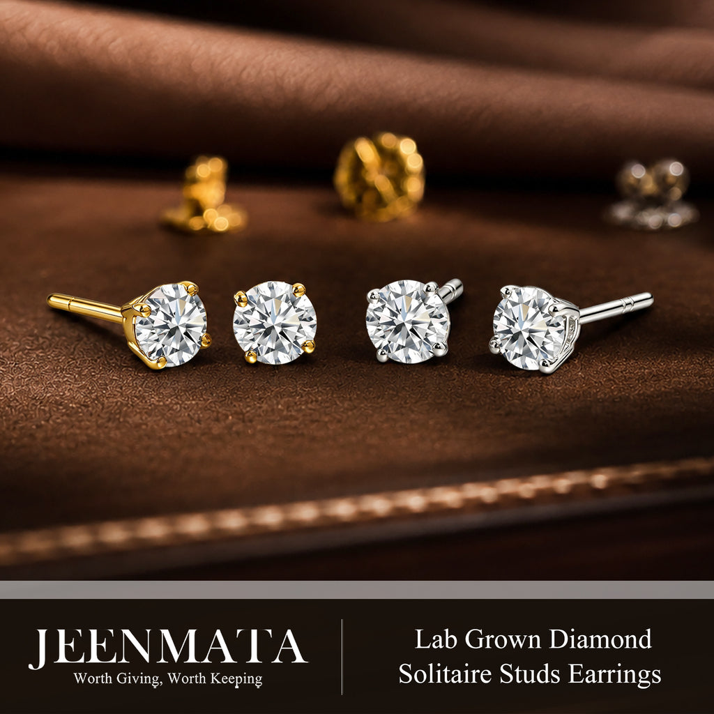JeenMata Lab Grown Diamond Earrings 0.75 Carat Round Cut 18K Yellow Gold Plated Solitaire Studs for Women