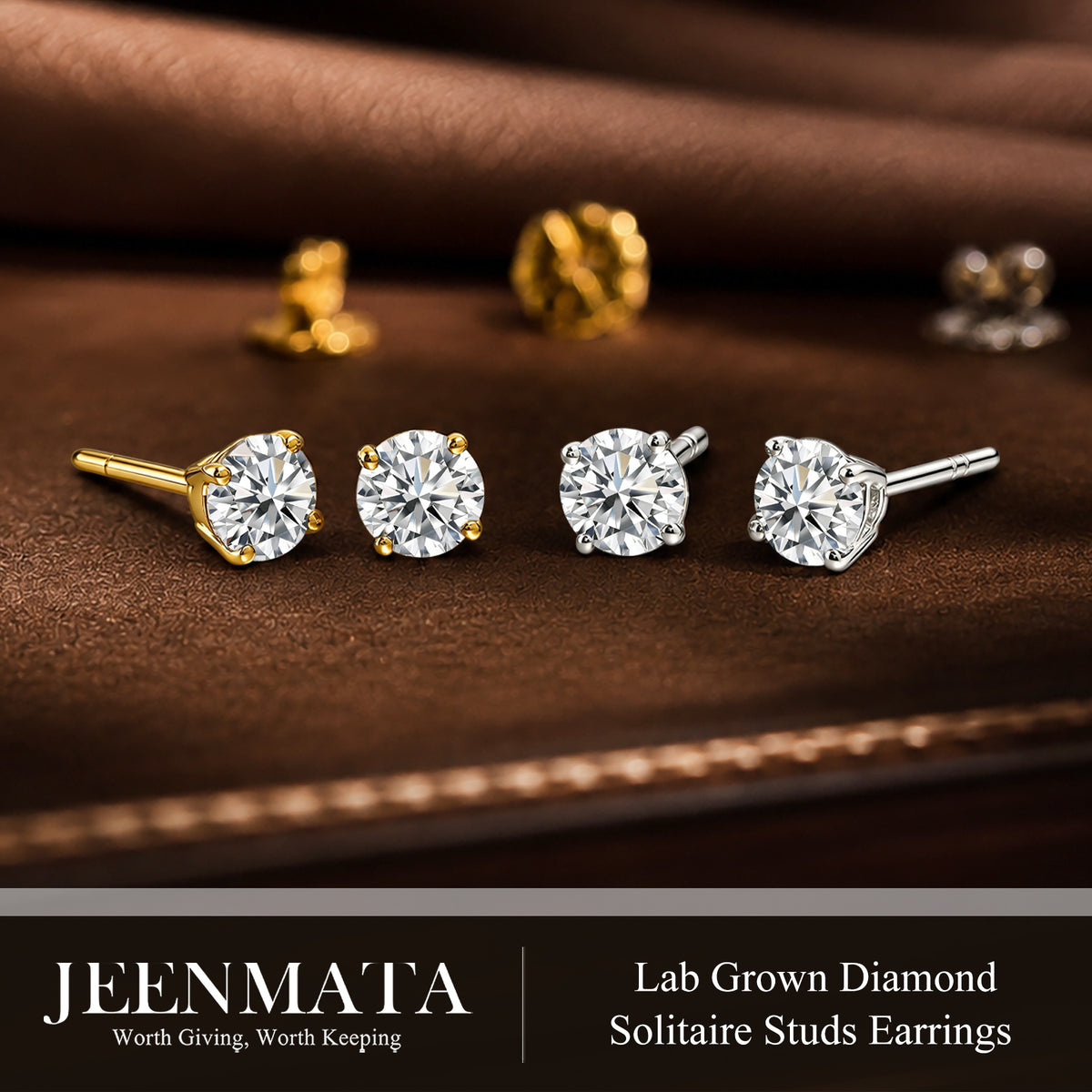 JeenMata Lab Grown Diamond Earrings 0.75 Carat Round Cut 18K Yellow Gold Plated Solitaire Studs for Women
