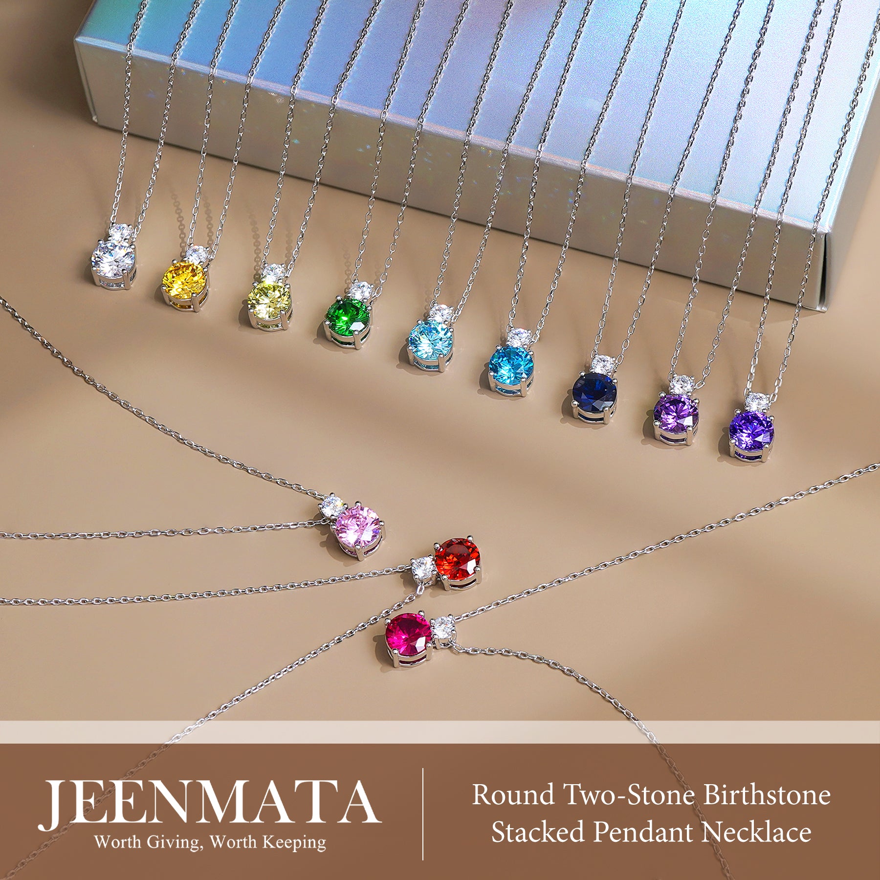 JeenMata 3.75 Carat January Garnet Birthstone Necklace - Dangling Round Cut Necklace Pendant in White Gold Plating for Women