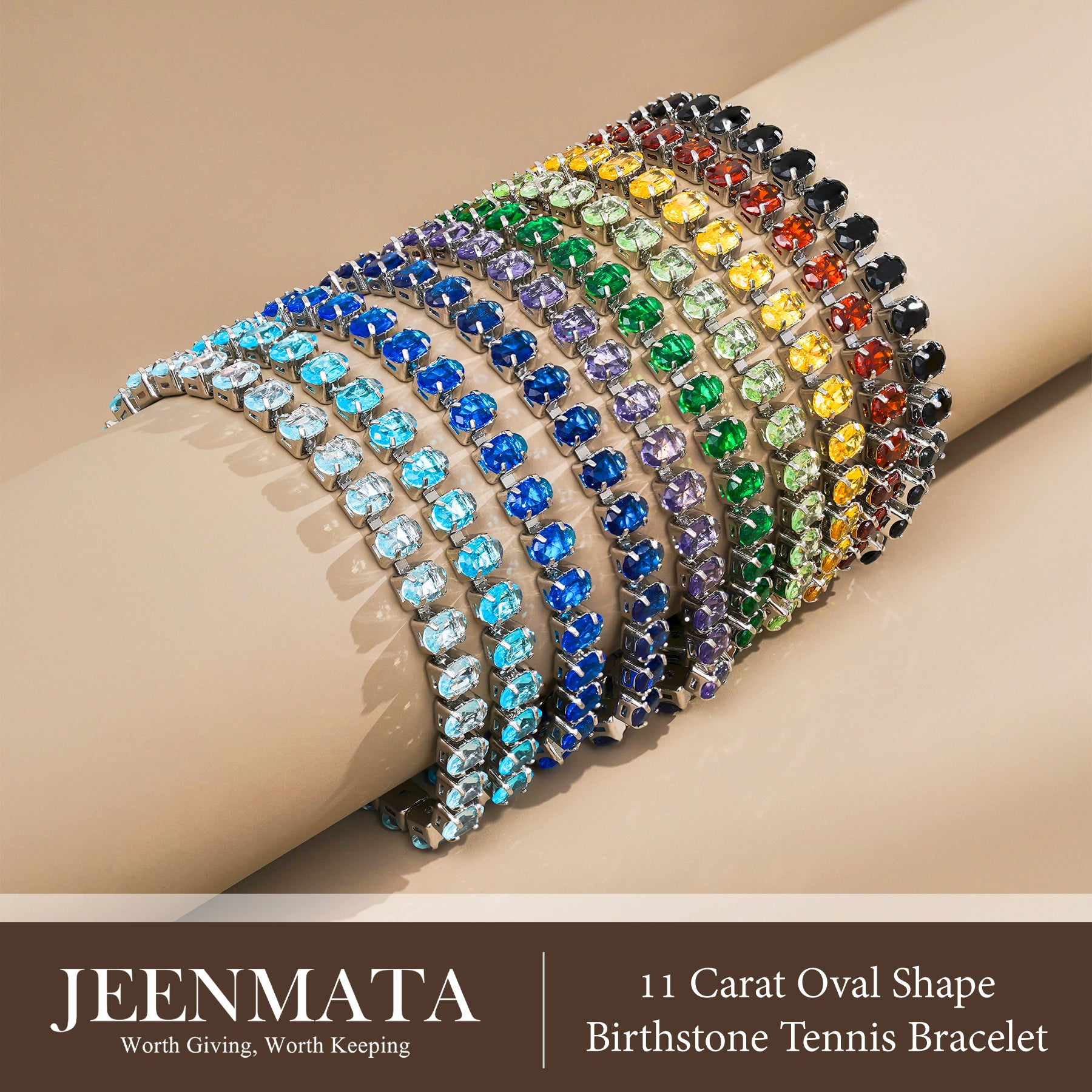 JeenMata 11 TCW August Peridot - Oval Cut Birthstone Tennis Bracelet for Women in Eternity Design - White Gold Plating, Female, Adult