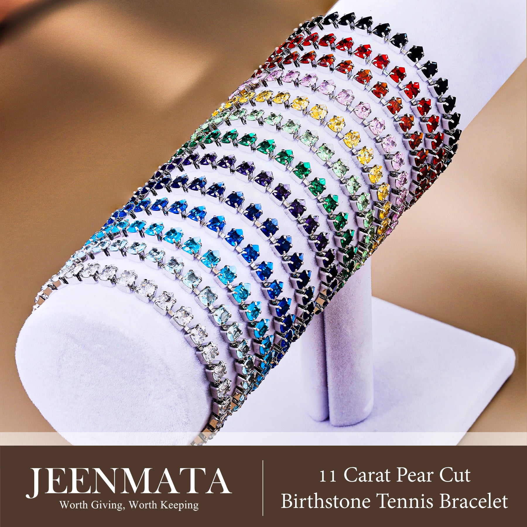 JeenMata 11 TCW October Pink Tourmaline - Pear Cut Birthstone Tennis Bracelet for Women in Eternity Design - White Gold Plating, Female, Adult