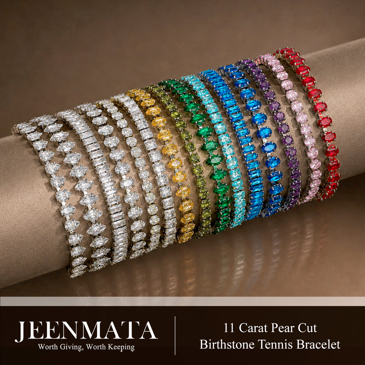 JeenMata 11 TCW May Emerald - Pear Cut Birthstone Tennis Bracelet for Women in Eternity Design - White Gold Plating, Female, Adult