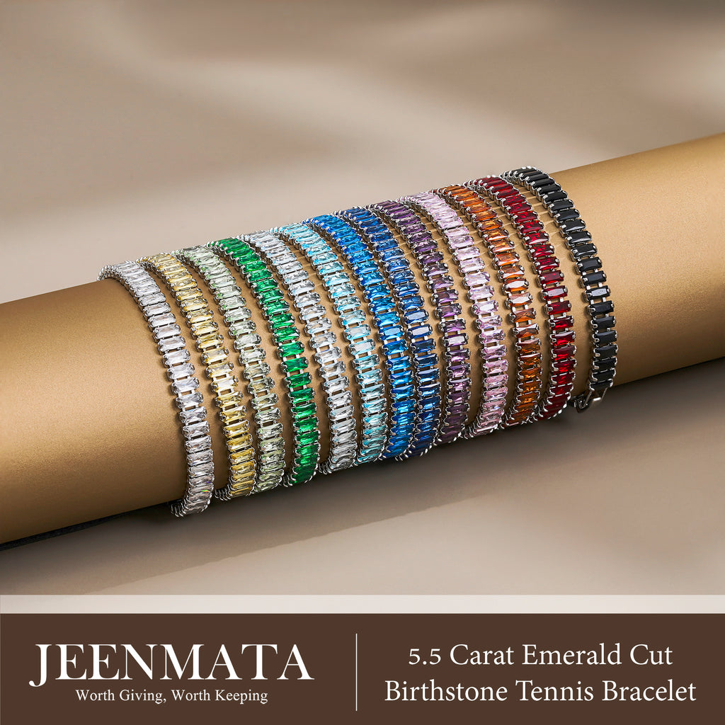JeenMata 5.5 Carat September Blue Sapphire - Emerald Cut Birthstone Tennis Bracelet Eternity Design - White Gold Plating, Female, Adult