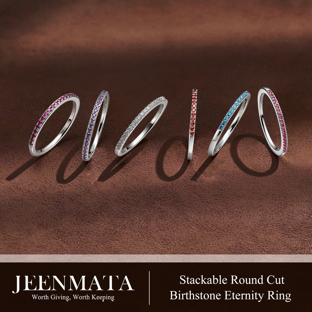 JeenMata Pave Accented - 0.25 Carat Round Cut -June Birthstone- Classic Wedding Band - 18K White Gold Plating for Women