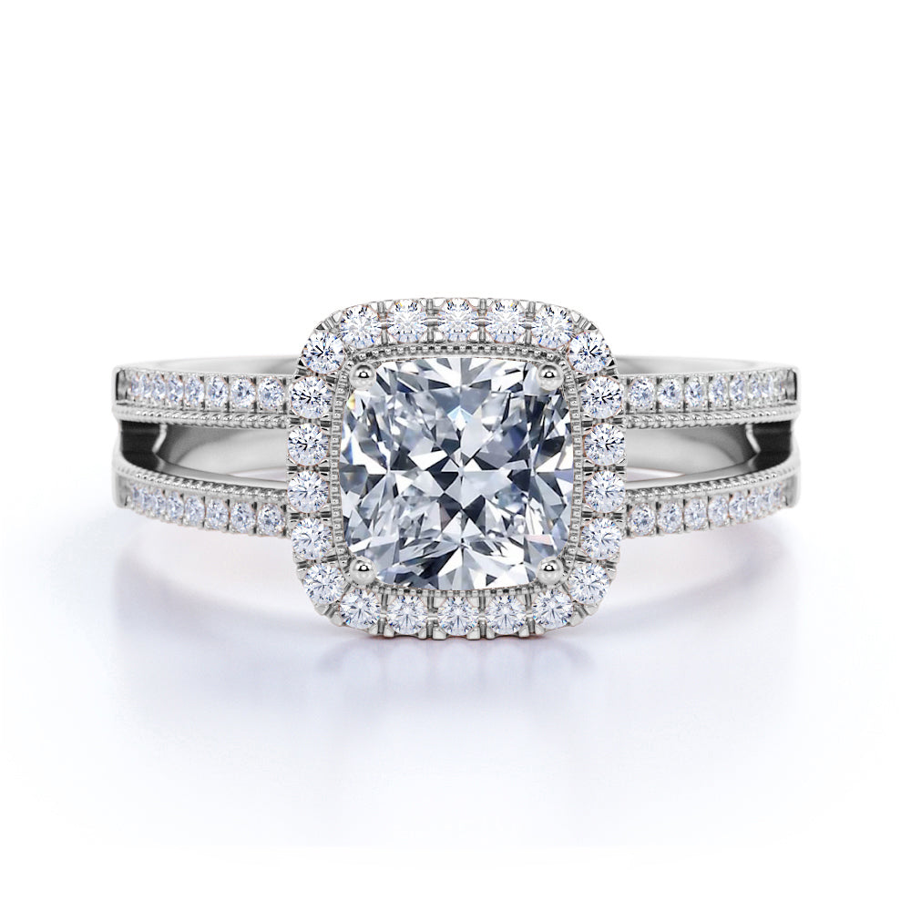 Pave 1.75 Carat Cushion Moissanite Halo Engagement Ring