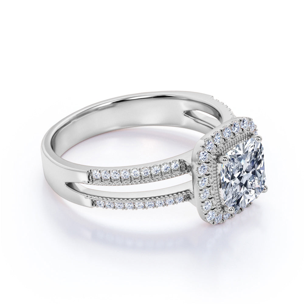 Pave 1.75 Carat Cushion Moissanite Halo Engagement Ring