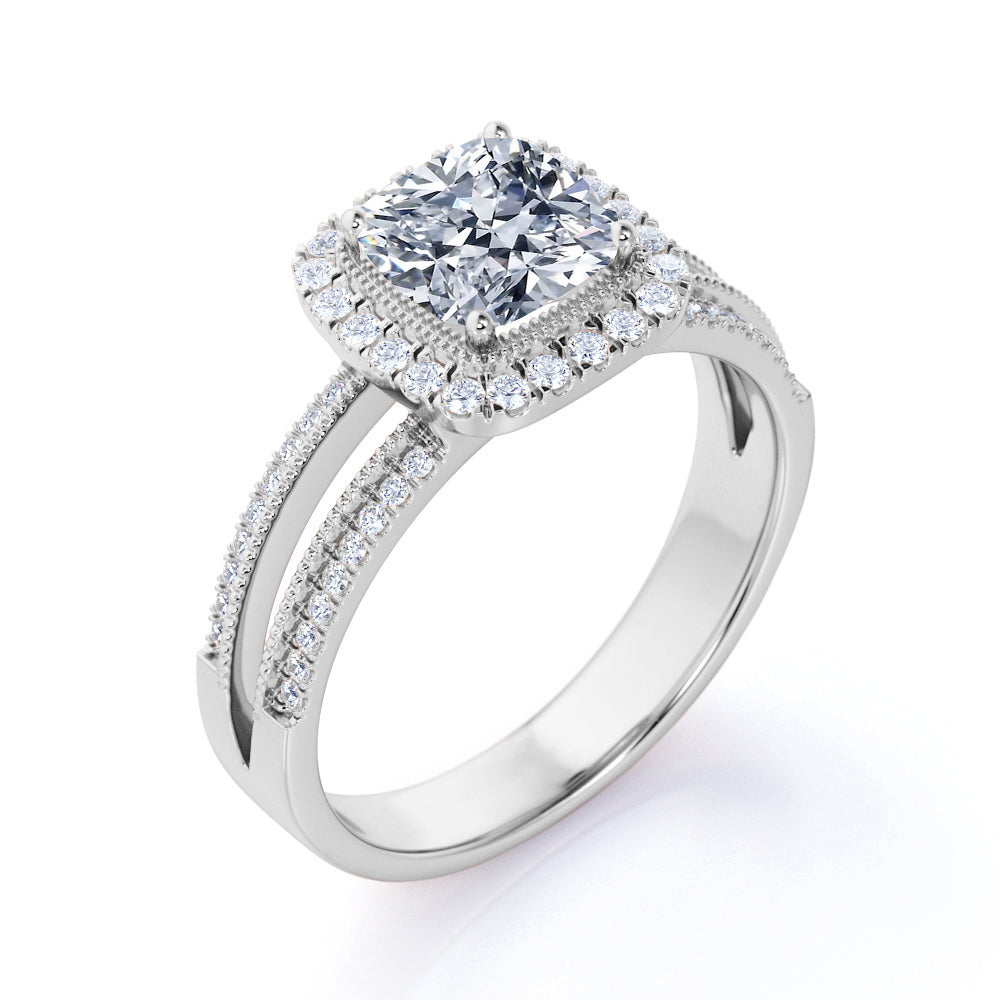 Pave 1.75 Carat Cushion Moissanite Halo Engagement Ring