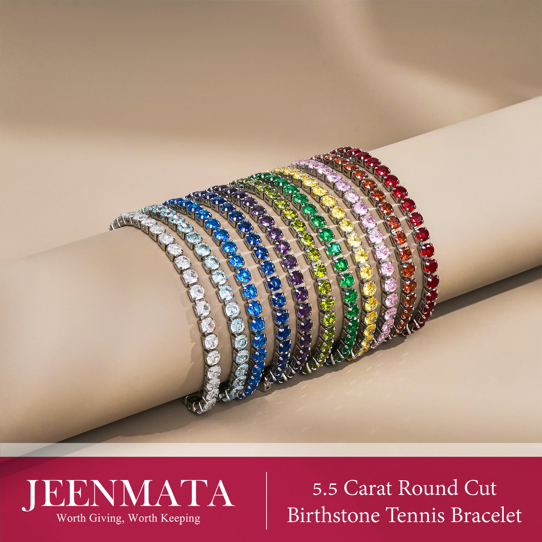 JeenMata 5.5 Carat August Peridot - Round Cut Birthstone Tennis Bracelet Eternity Design - White Gold Plating, Female, Adult