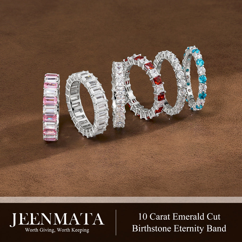 JeenMata 10 Carat Emerald Cut September Birthstone - Multicolor Eternity Wedding Band - Royal Blue Sapphire & Cubic Zirconia Rings in 18K White Gold Plating for Women