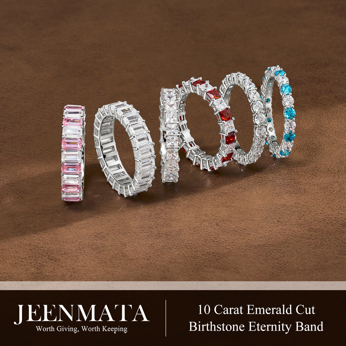 JeenMata 10 Carat Emerald Cut September Birthstone - Multicolor Eternity Wedding Band - Royal Blue Sapphire & Cubic Zirconia Rings in 18K White Gold Plating for Women