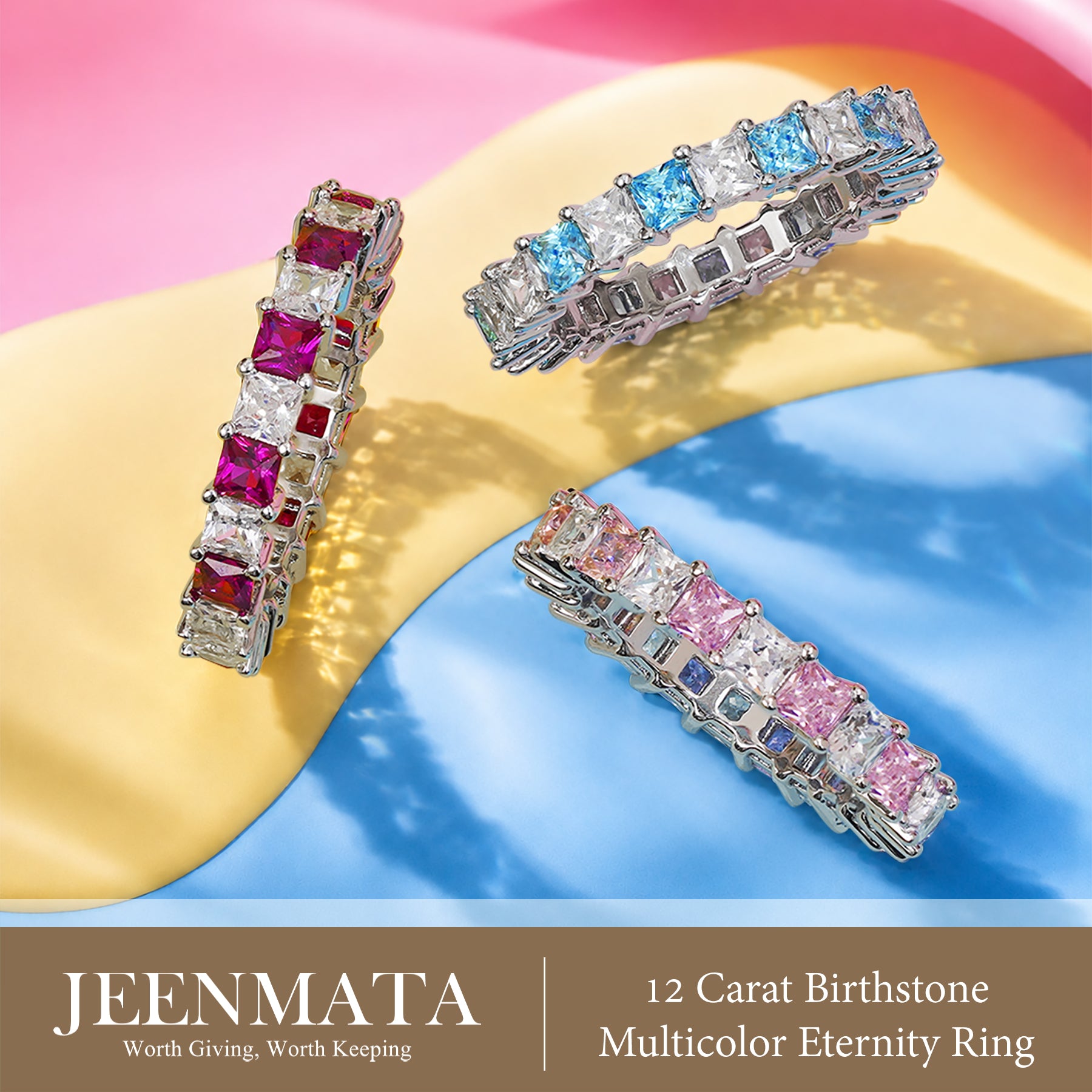 JeenMata 12 Carat Princess Cut June Birthstone - Multicolor Eternity Wedding Band - Alexandrite & Cubic Zirconia Rings in 18K White Gold Plating for Women