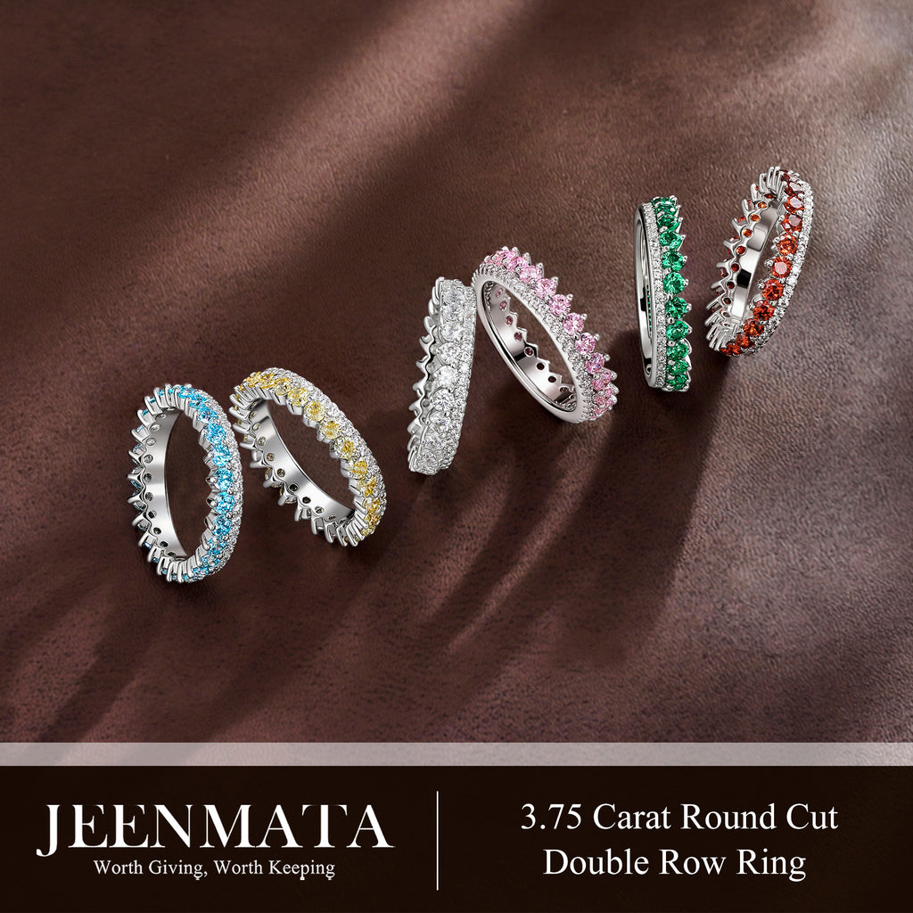 JeenMata 3.75 Carat Round Cut Double Row January Birthstone Ring for Her, Garnet Cubic Zirconia Eternity Wedding Band Ring, Anniversary Ring in 18K White Gold Plating for Women