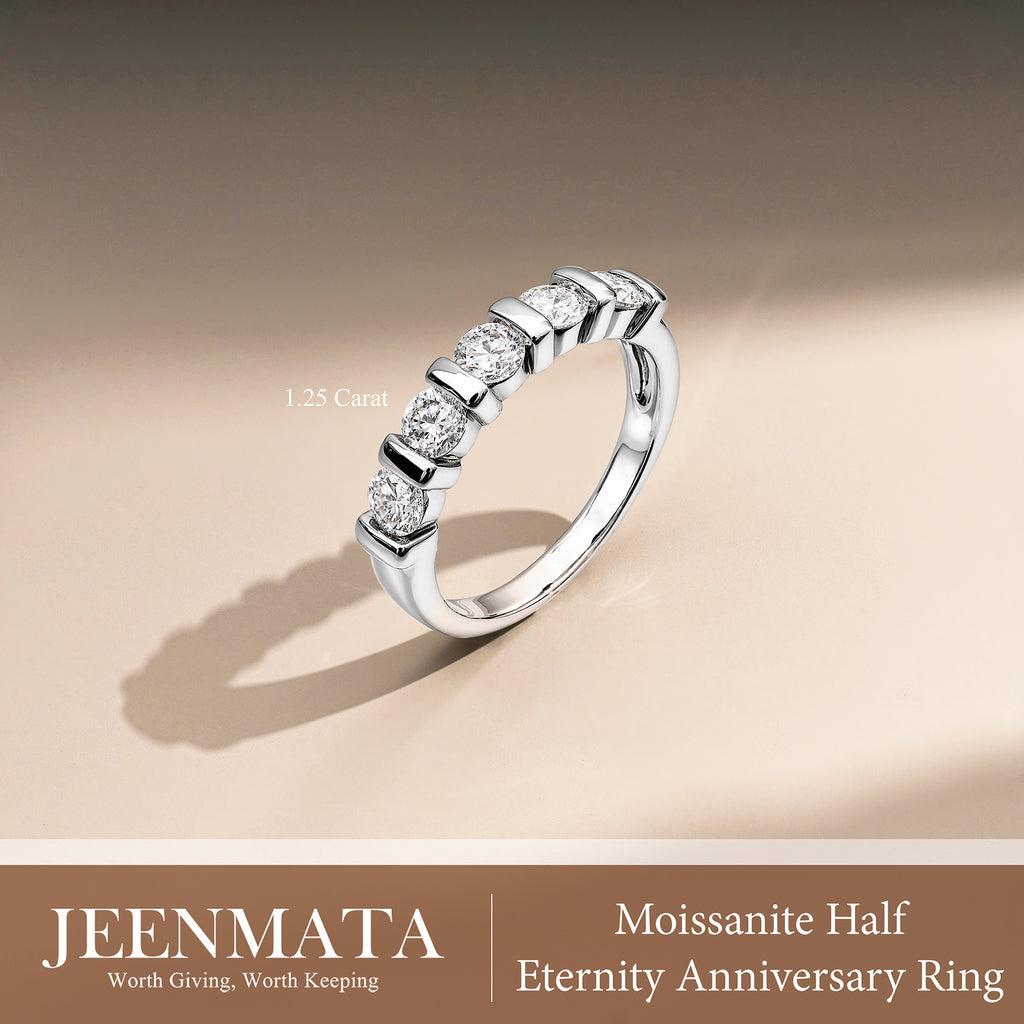 JeenMata 1.25 Carat Moissanite Half Eternity Anniversary Ring - Stackable Wedding Band Rings for Women in 18K White Gold Plating, Wedding Gift for Her