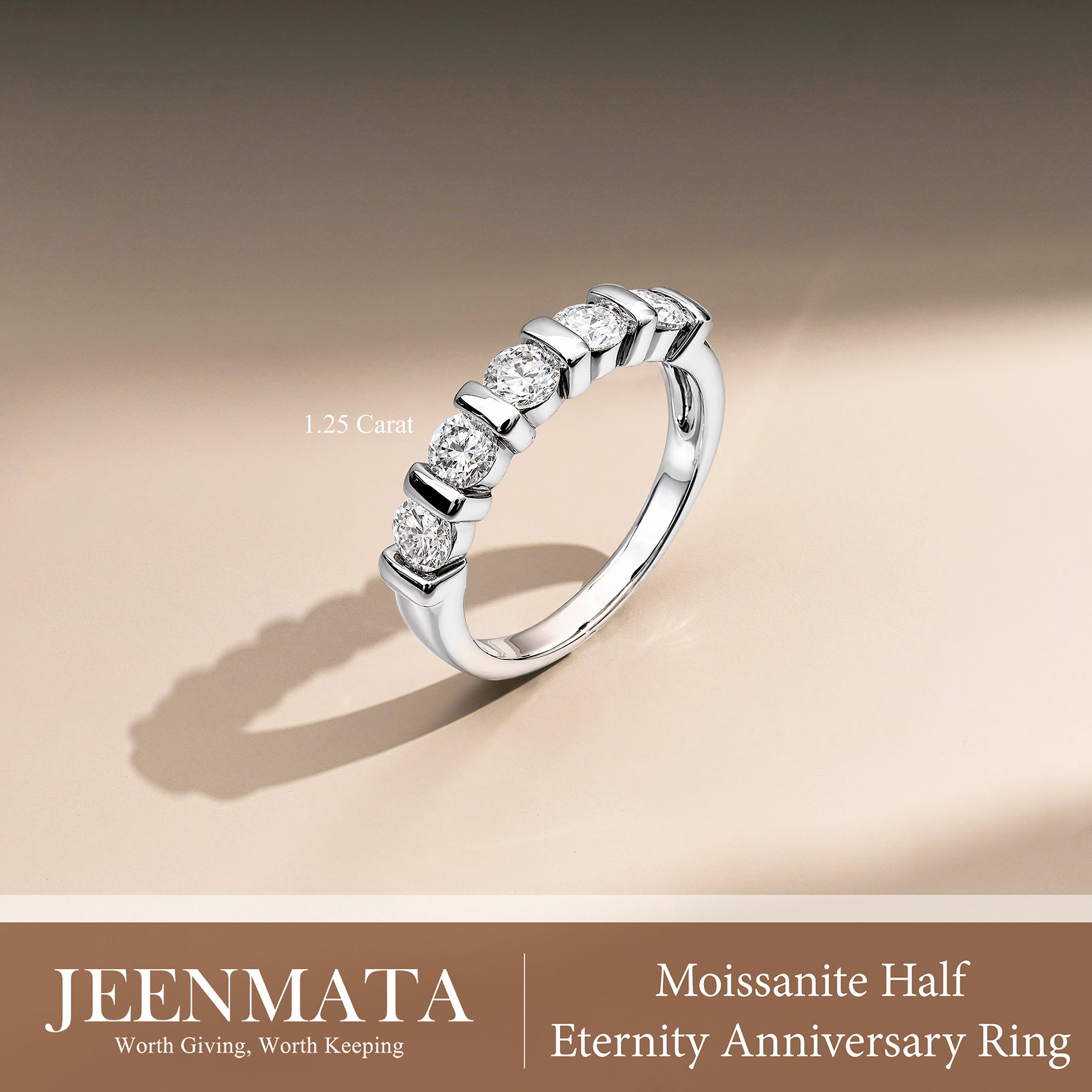 JeenMata 1.25 Carat Moissanite Half Eternity Anniversary Ring - Stackable Wedding Band Rings for Women in 18K White Gold Plating, Wedding Gift for Her