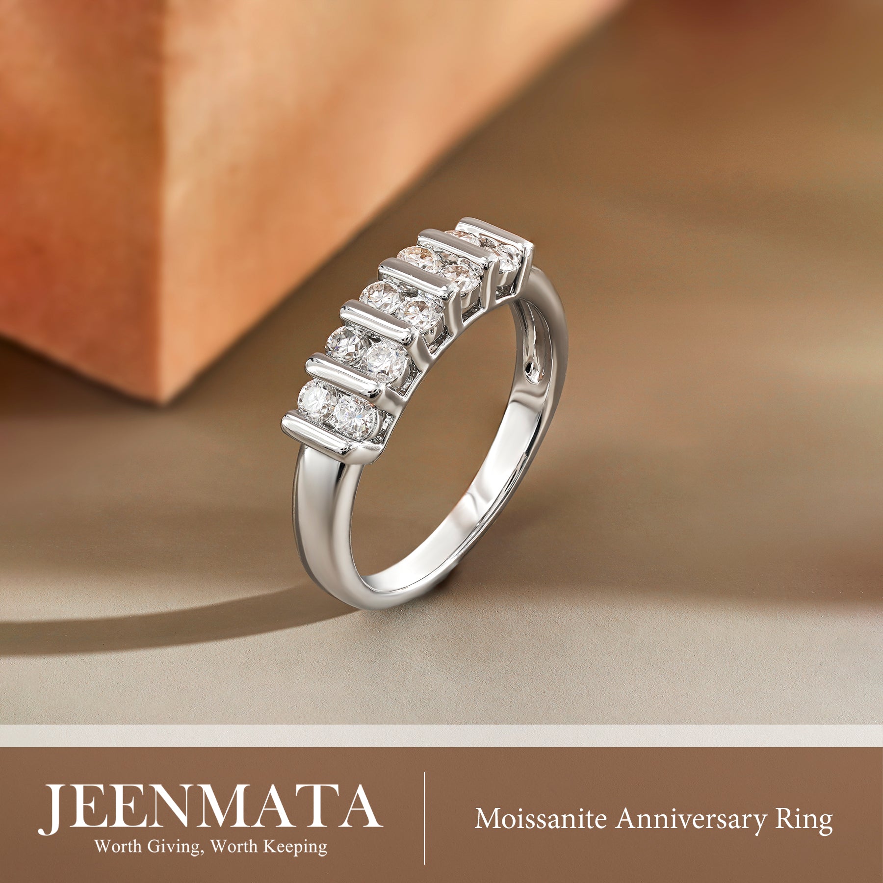 JeenMata Moissanite Half Eternity Band - Double Row Stackable Anniversary Ring for Women in 18K White Gold Plating, Gift for Her, Gift for Women